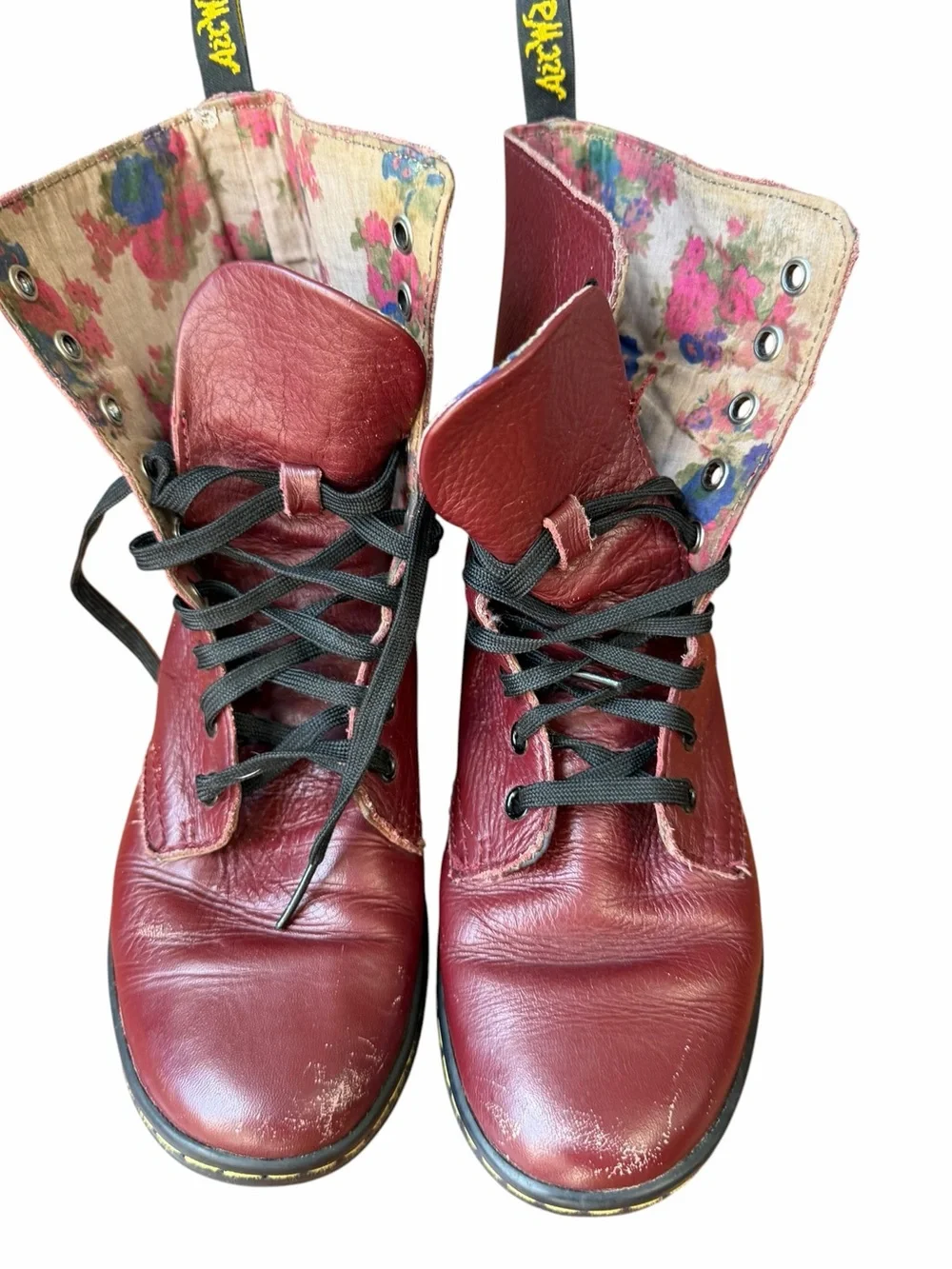 Dr. Martens Burgundy Leather Floral Lined Lace-Up Boots Vintage Style Size US 7L